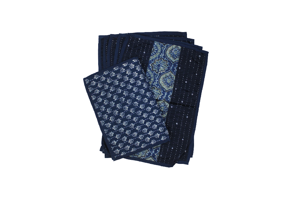 Handmade Tagai Embroidered Ajrakh Mashru Silk Table Placemats with Runner