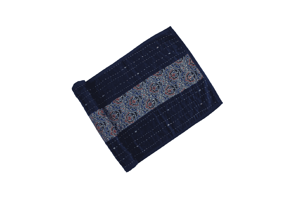 Handmade Tagai Embroidered Ajrakh Mashru Silk Table Placemats with Runner