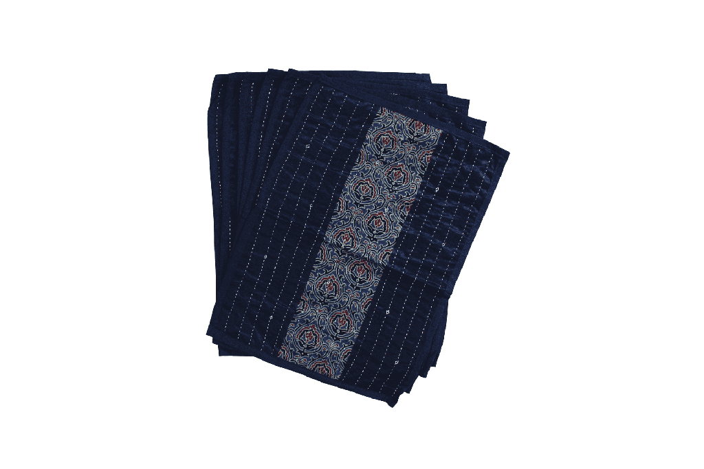Handmade Tagai Embroidered Ajrakh Mashru Silk Table Placemats with Runner