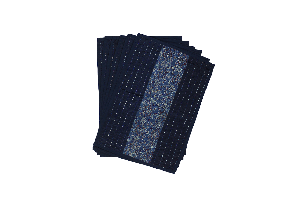 Handmade Tagai Embroidered Ajrakh Mashru Silk Table Placemats with Runner
