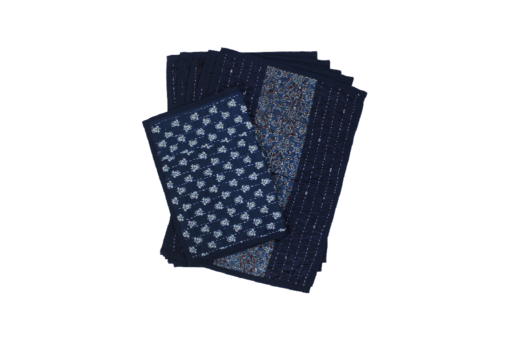 Handmade Tagai Embroidered Ajrakh Mashru Silk Table Placemats with Runner