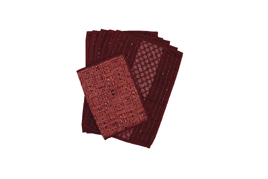 Handmade Tagai Embroidered Ajrakh Mashru Silk Table Placemats with Runner