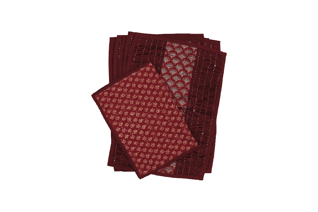 Handmade Tagai Embroidered Ajrakh Mashru Silk Table Placemats with Runner