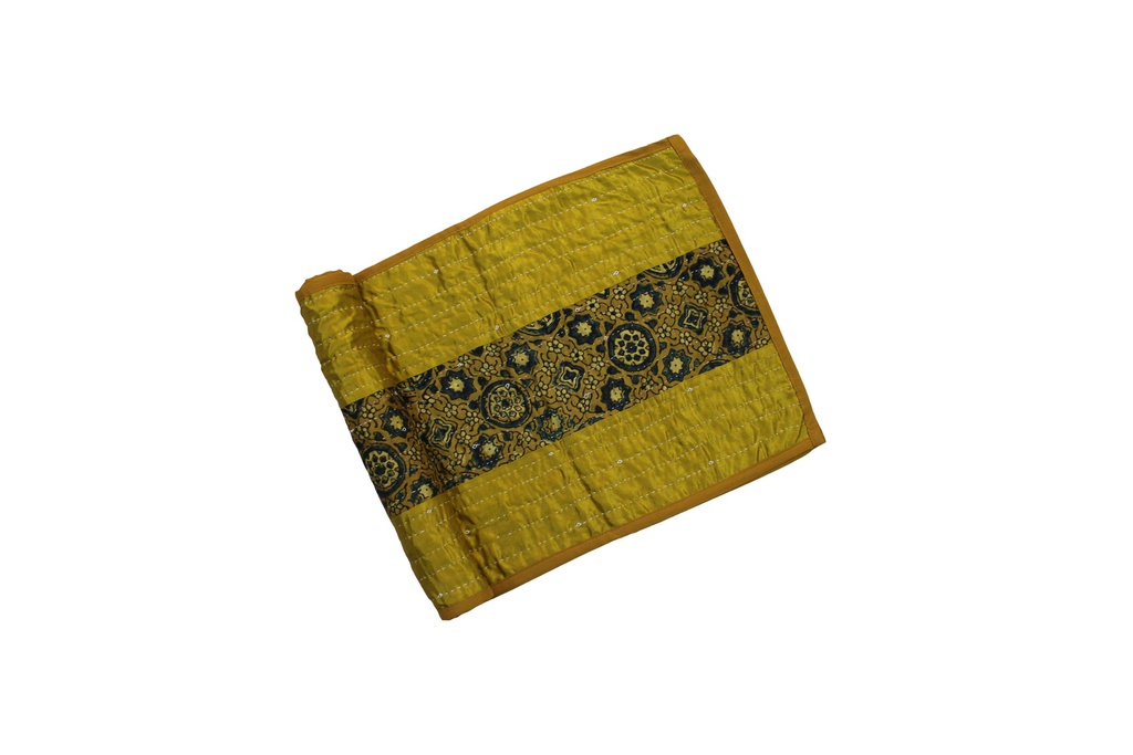 Handmade Tagai Embroidered Ajrakh Mashru Silk Table Placemats with Runner