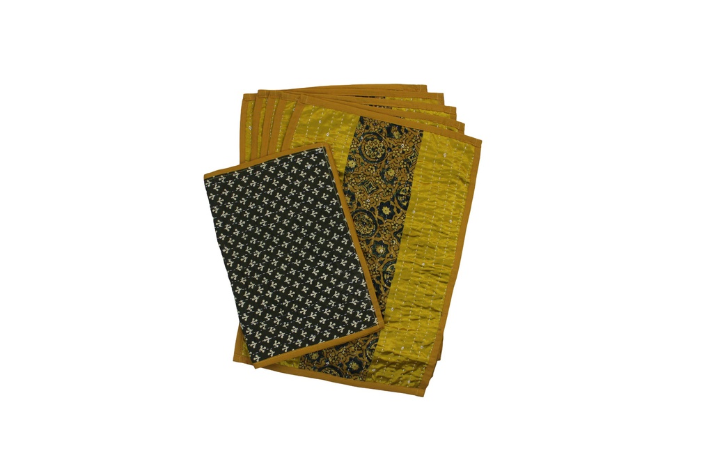 Handmade Tagai Embroidered Ajrakh Mashru Silk Table Placemats with Runner