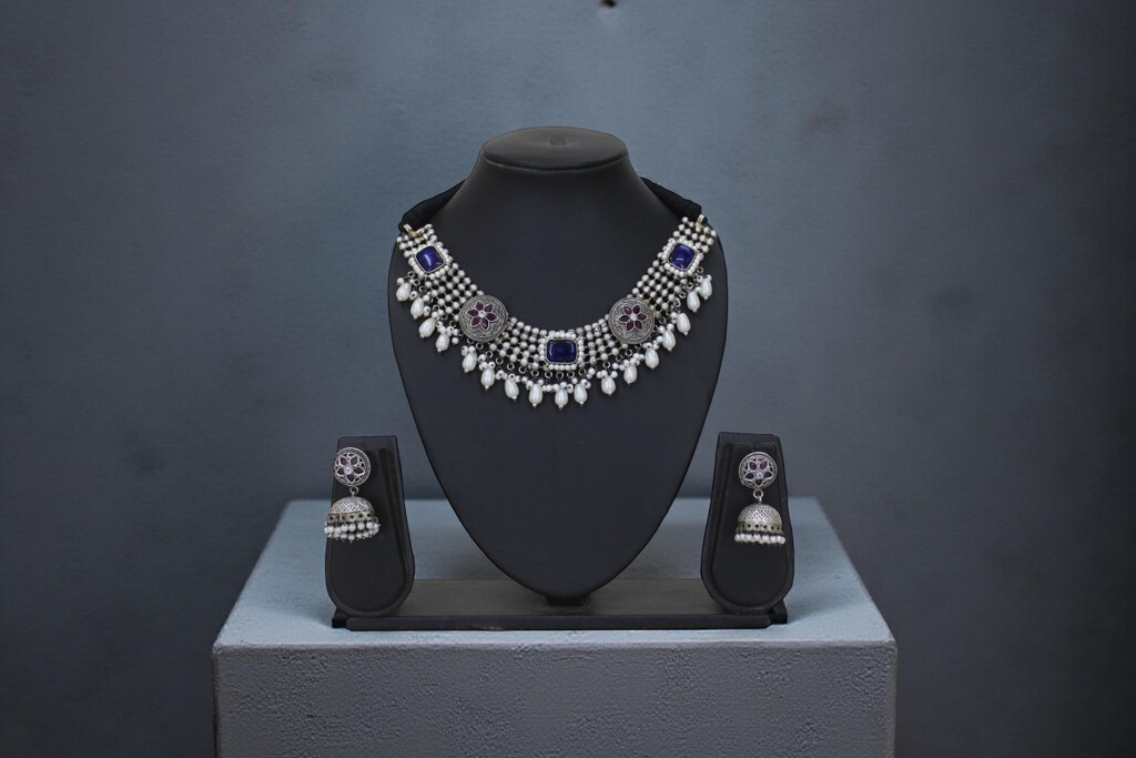 Handcrafted Oxidized German Silver Necklace Set with Jhumka Earrings