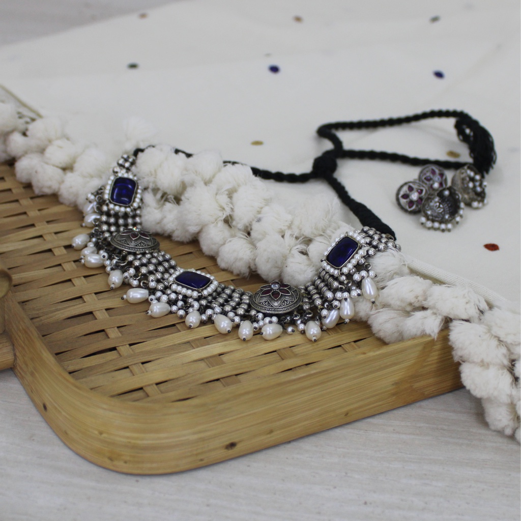Handcrafted Oxidized German Silver Necklace Set with Jhumka Earrings