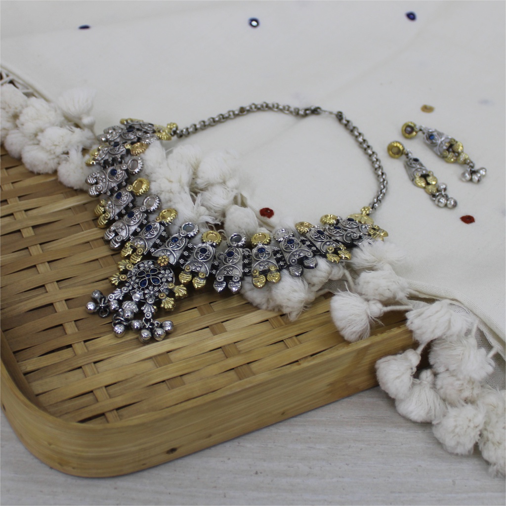 Handcrafted Oxidized German Silver Kundan Necklace Set with Earrings