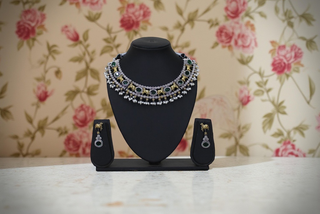 Handcrafted Oxidized German Silver Pearl Necklace Set with Stone Work &amp; Earrings