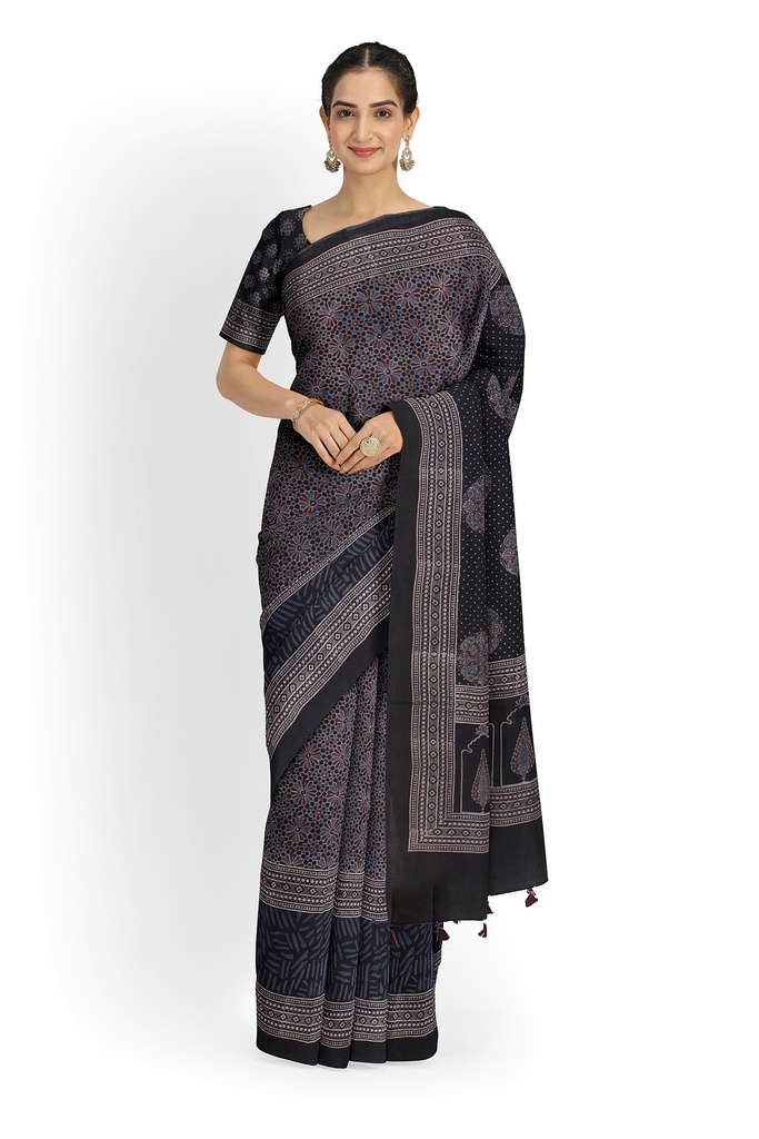 Ajrakh Hand Block Print Cotton Saree