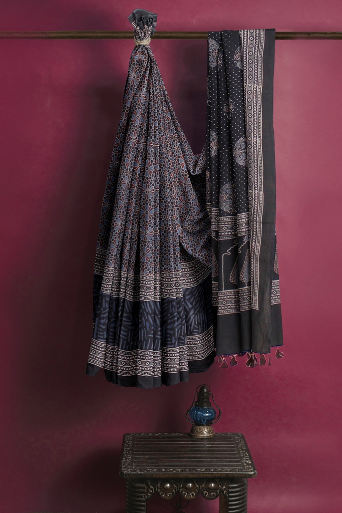Ajrakh Hand Block Print Cotton Saree