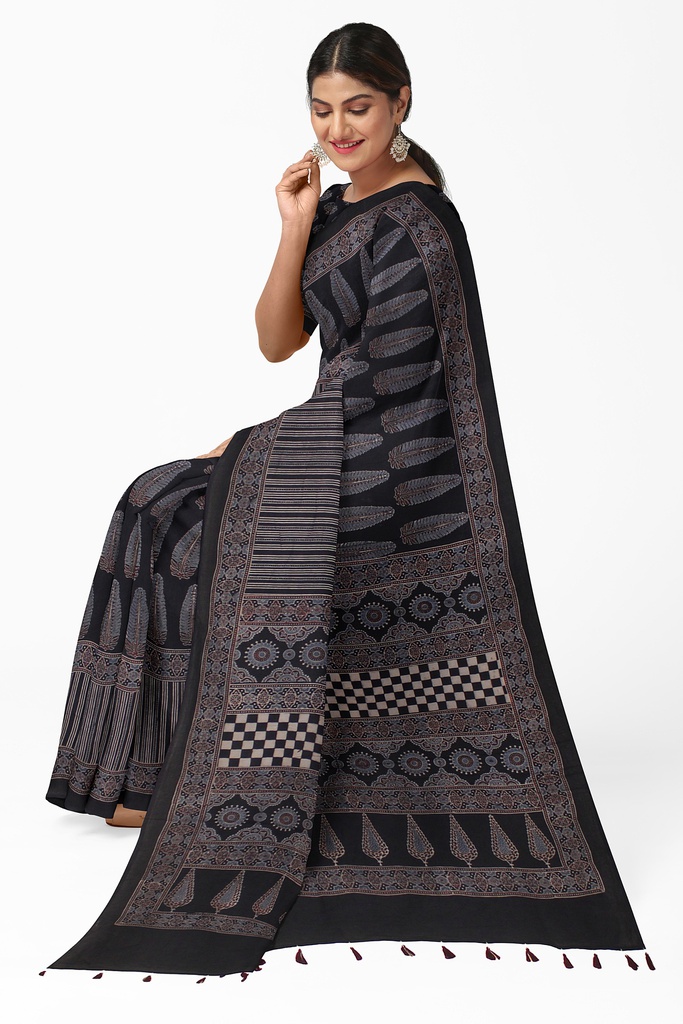 Ajrakh Hand Block Print Cotton Saree