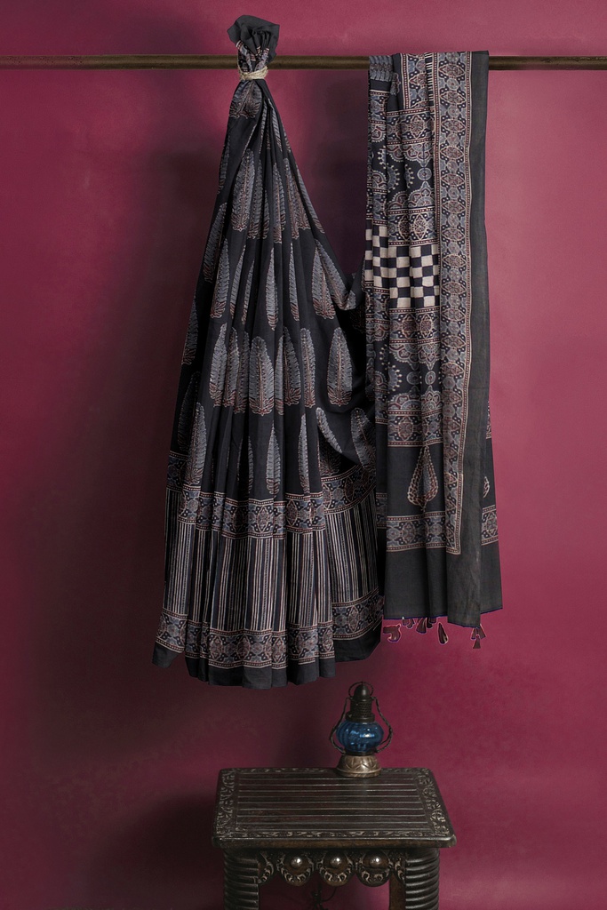 Ajrakh Hand Block Print Cotton Saree