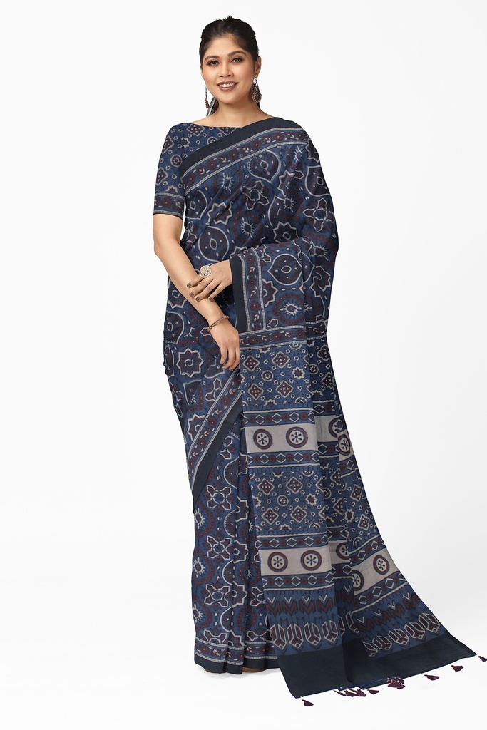 Ajrakh Hand Block Print Cotton Saree