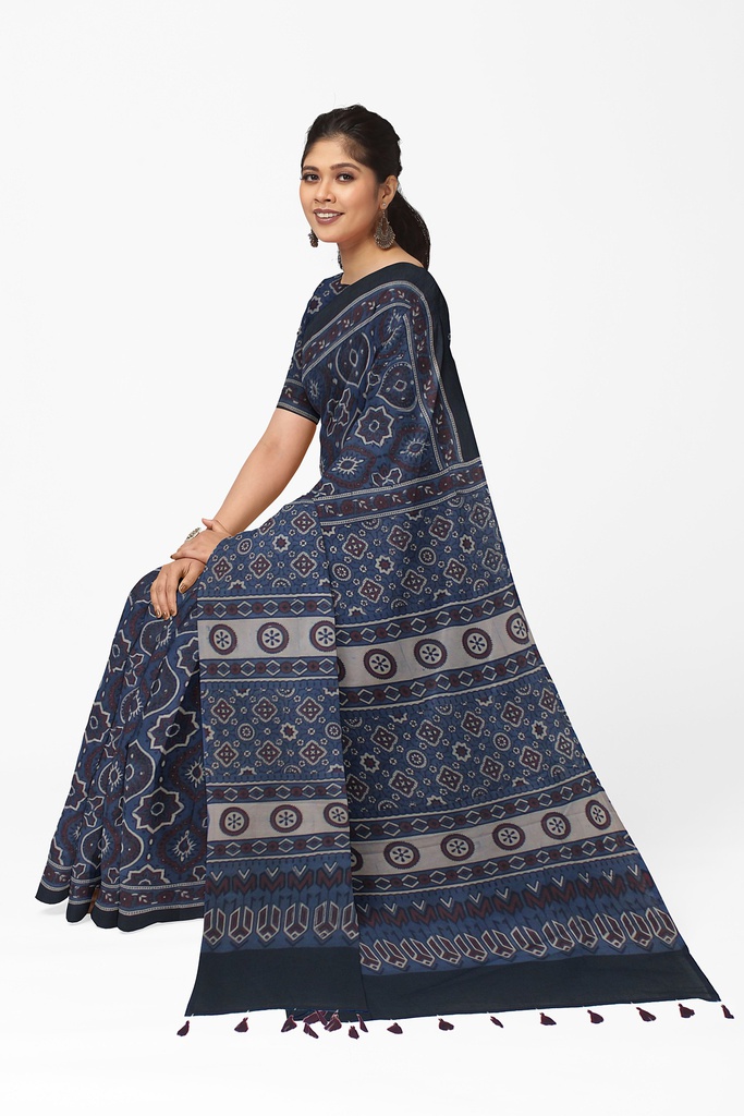 Ajrakh Hand Block Print Cotton Saree
