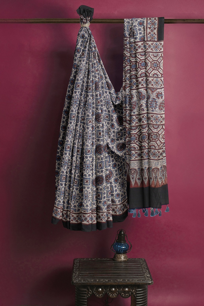 Ajrakh Hand Block Print Cotton Saree