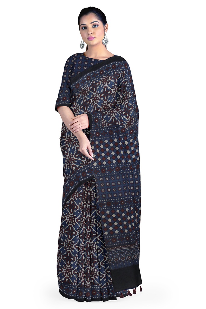 Ajrakh Hand Block Print Cotton Saree