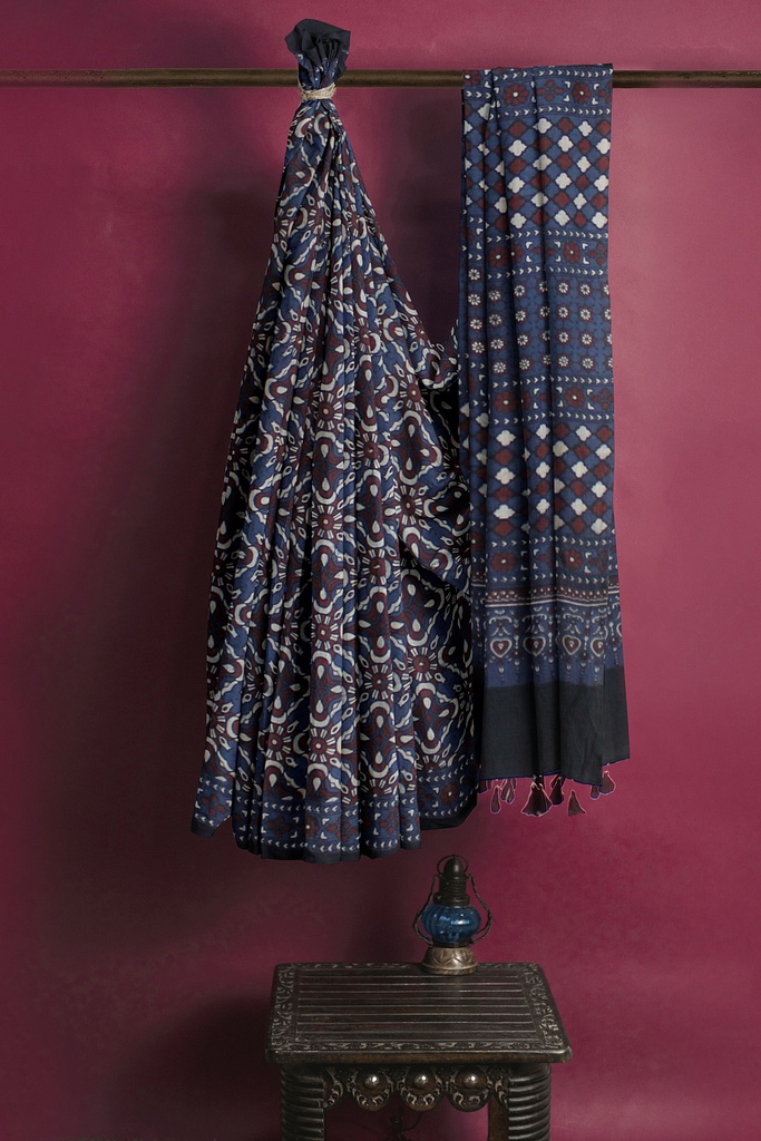 Ajrakh Hand Block Print Cotton Saree