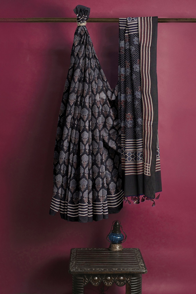 Ajrakh Hand Block Print Cotton Saree