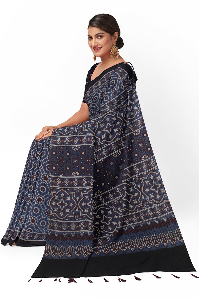 Ajrakh Hand Block Print Cotton Saree