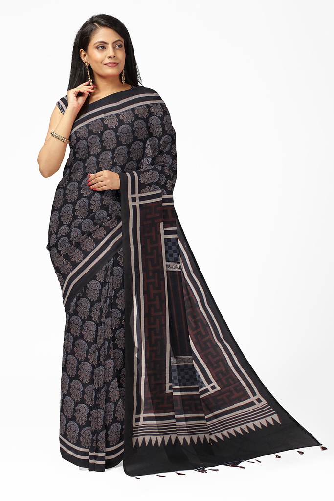 Ajrakh Hand Block Print Cotton Saree