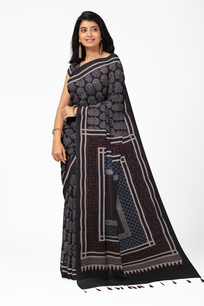 Ajrakh Hand Block Print Cotton Saree