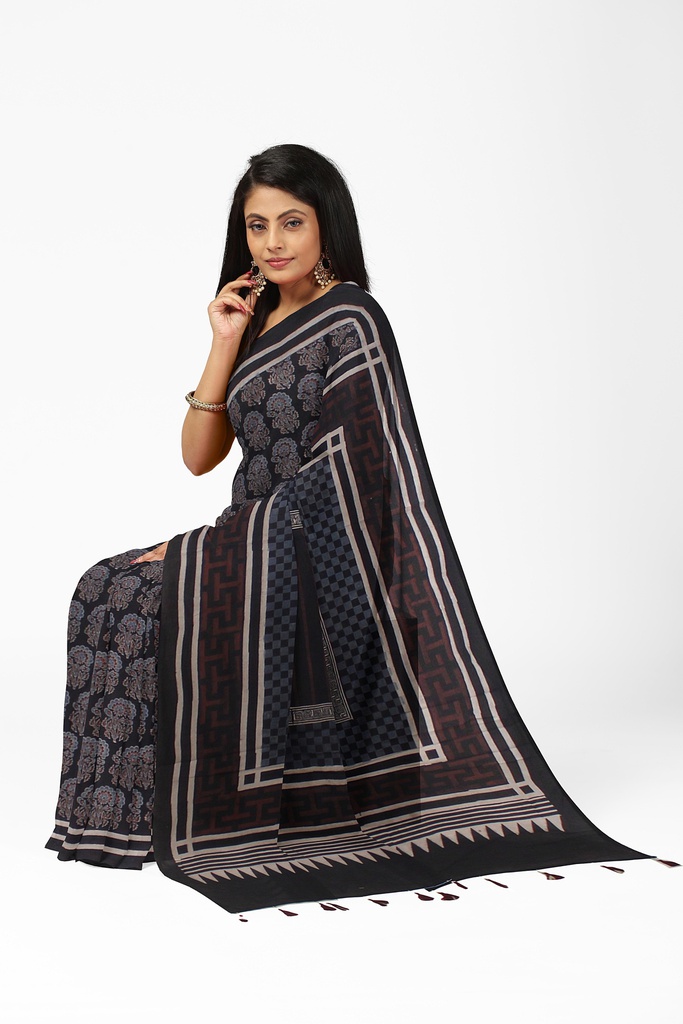 Ajrakh Hand Block Print Cotton Saree