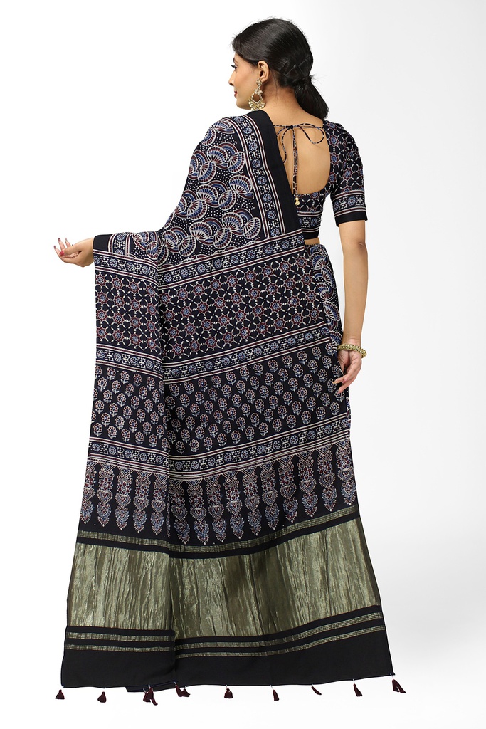 Handcrafted Ajrakh Block Print Modal Silk Saree
