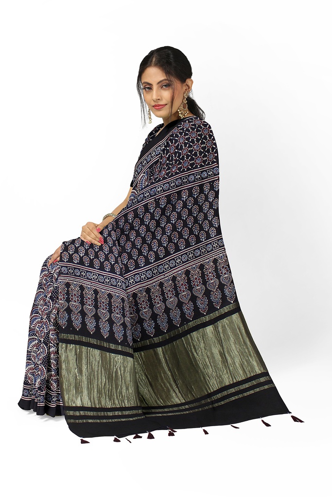 Handcrafted Ajrakh Block Print Modal Silk Saree
