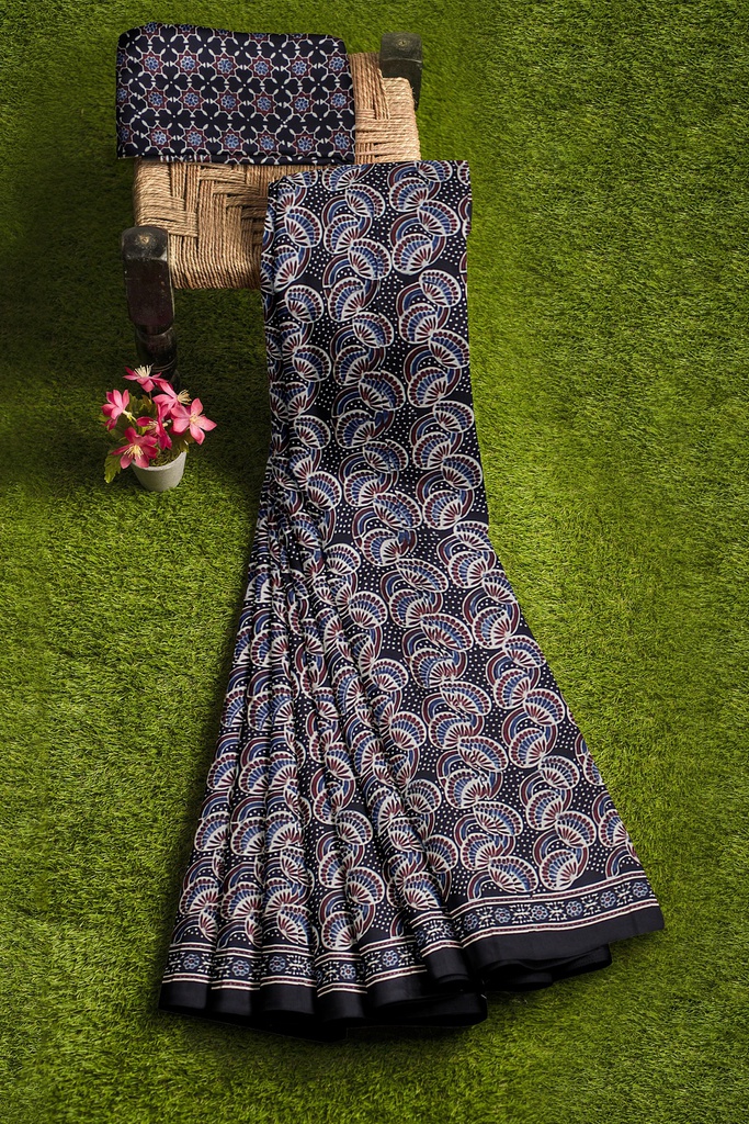 Handcrafted Ajrakh Block Print Modal Silk Saree