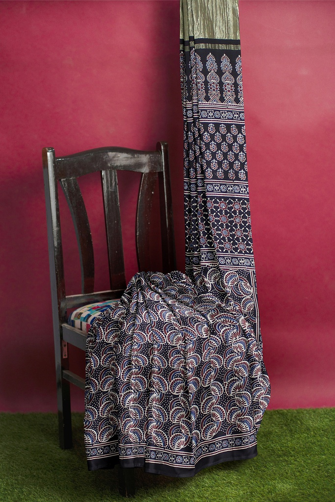 Handcrafted Ajrakh Block Print Modal Silk Saree