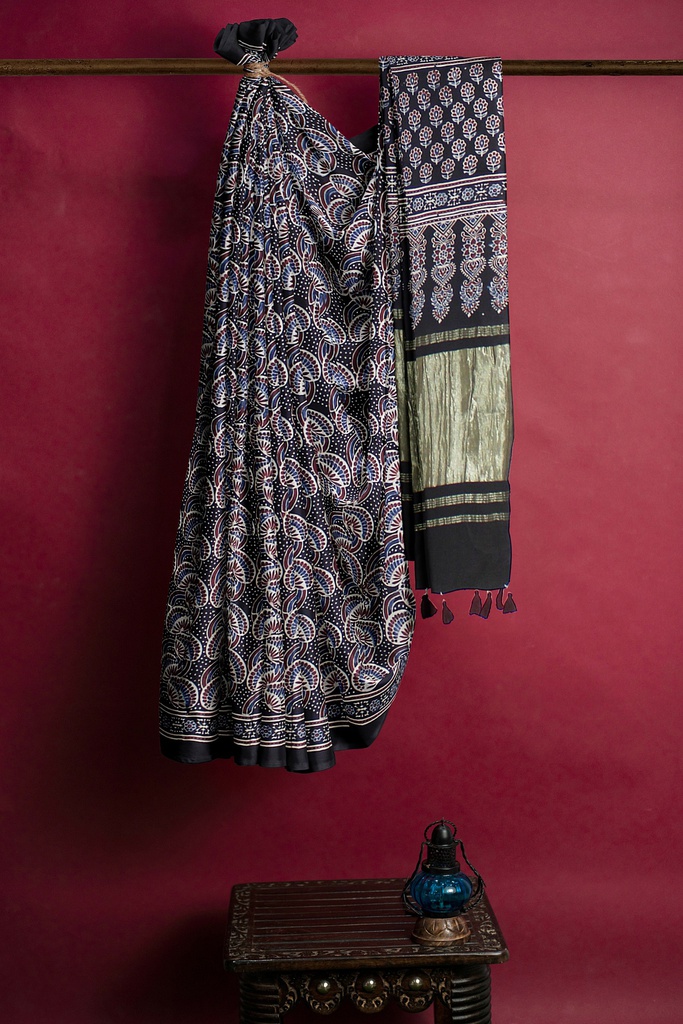 Handcrafted Ajrakh Block Print Modal Silk Saree