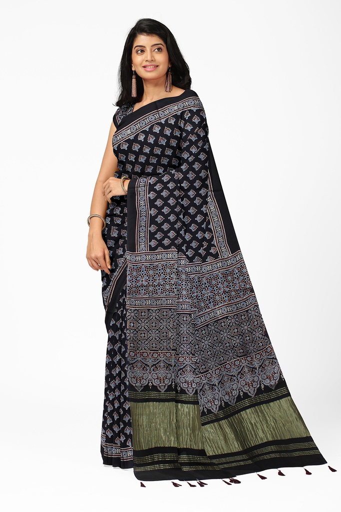 Handcrafted Ajrakh Block Print Modal Silk Saree