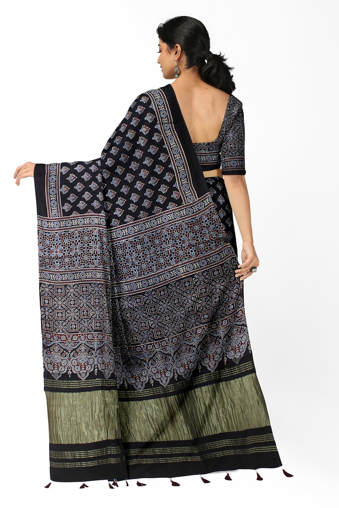 Handcrafted Ajrakh Block Print Modal Silk Saree