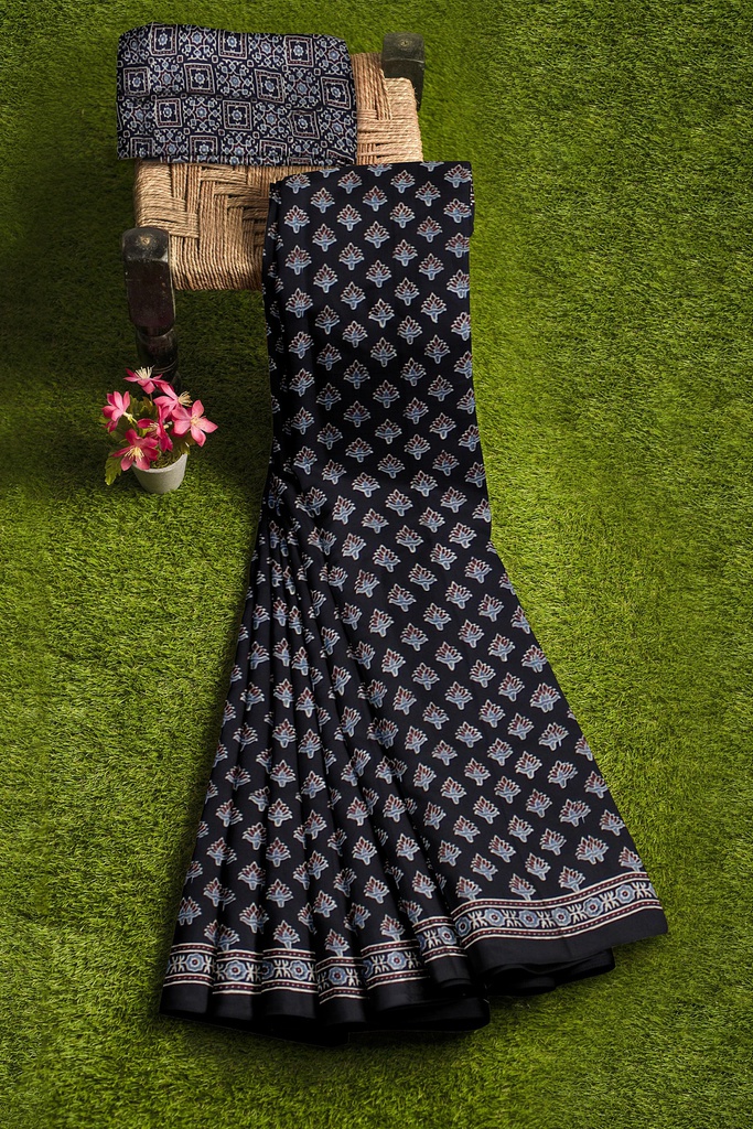Handcrafted Ajrakh Block Print Modal Silk Saree