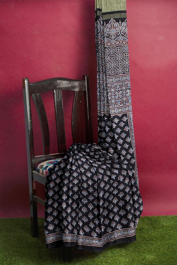 Handcrafted Ajrakh Block Print Modal Silk Saree