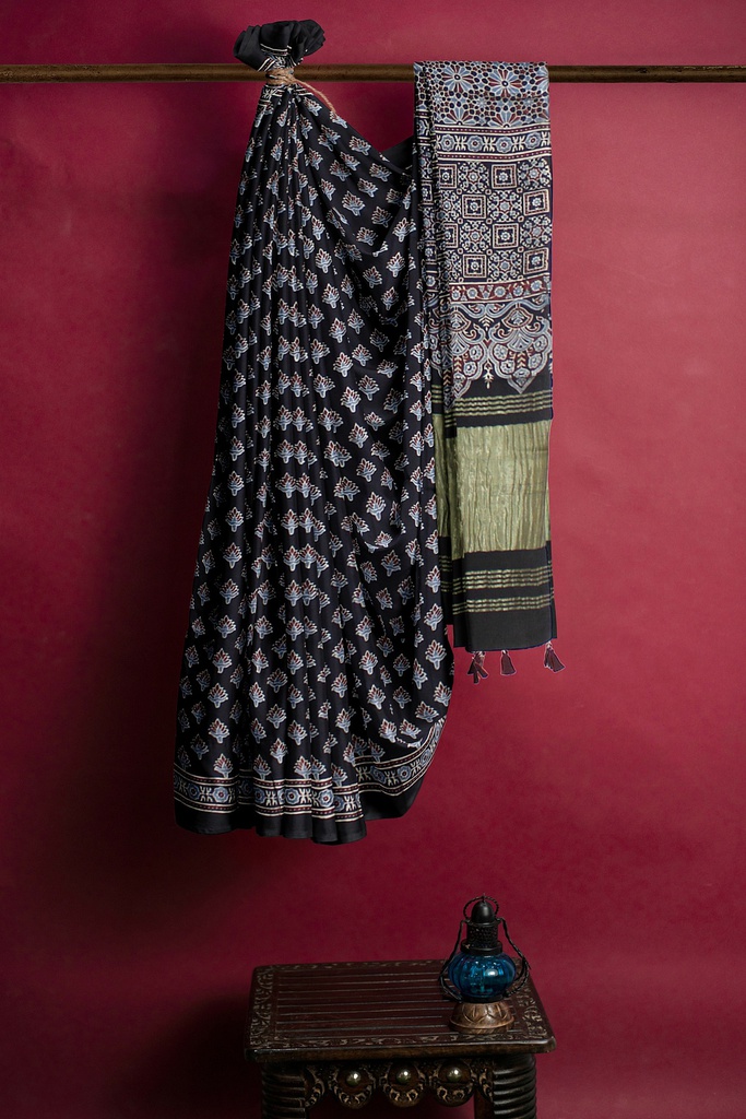 Handcrafted Ajrakh Block Print Modal Silk Saree