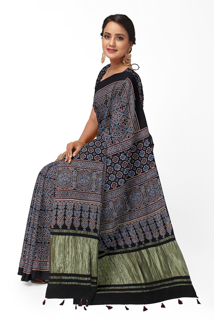 Handcrafted Ajrakh Block Print Modal Silk Saree