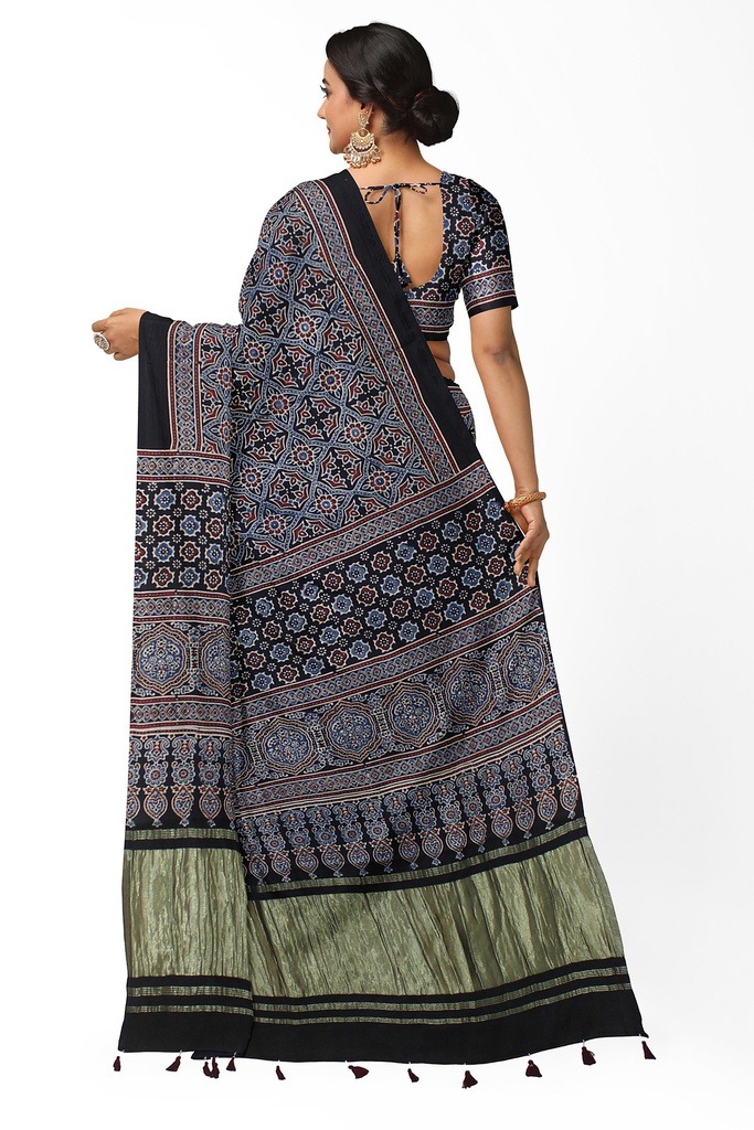 Handcrafted Ajrakh Block Print Modal Silk Saree