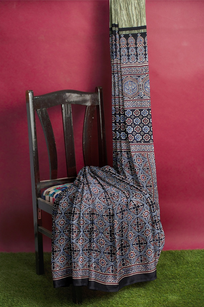 Handcrafted Ajrakh Block Print Modal Silk Saree