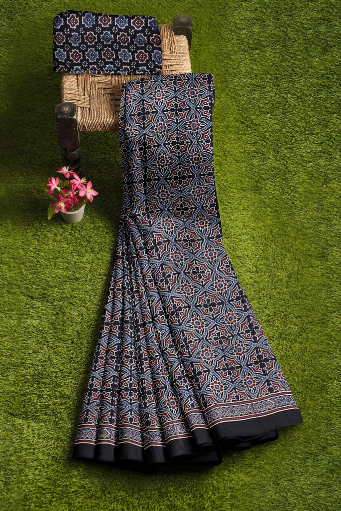 Handcrafted Ajrakh Block Print Modal Silk Saree