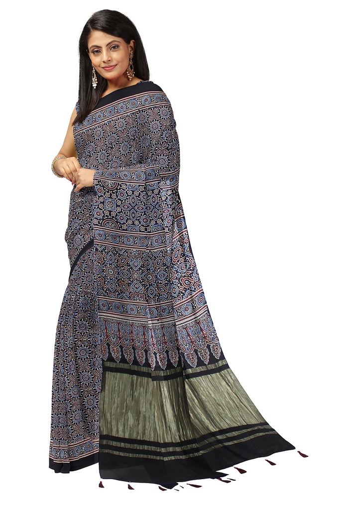 Handcrafted Ajrakh Block Print Modal Silk Saree