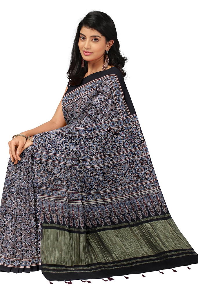 Handcrafted Ajrakh Block Print Modal Silk Saree