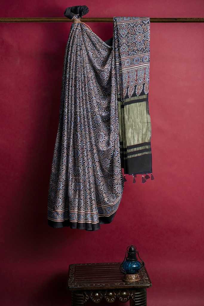 Handcrafted Ajrakh Block Print Modal Silk Saree