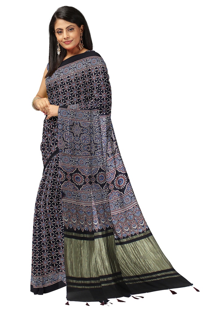 Handcrafted Ajrakh Block Print Modal Silk Saree