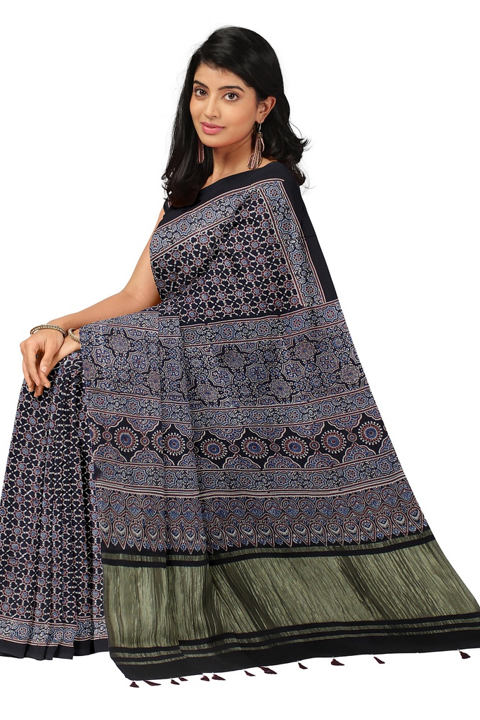 Handcrafted Ajrakh Block Print Modal Silk Saree