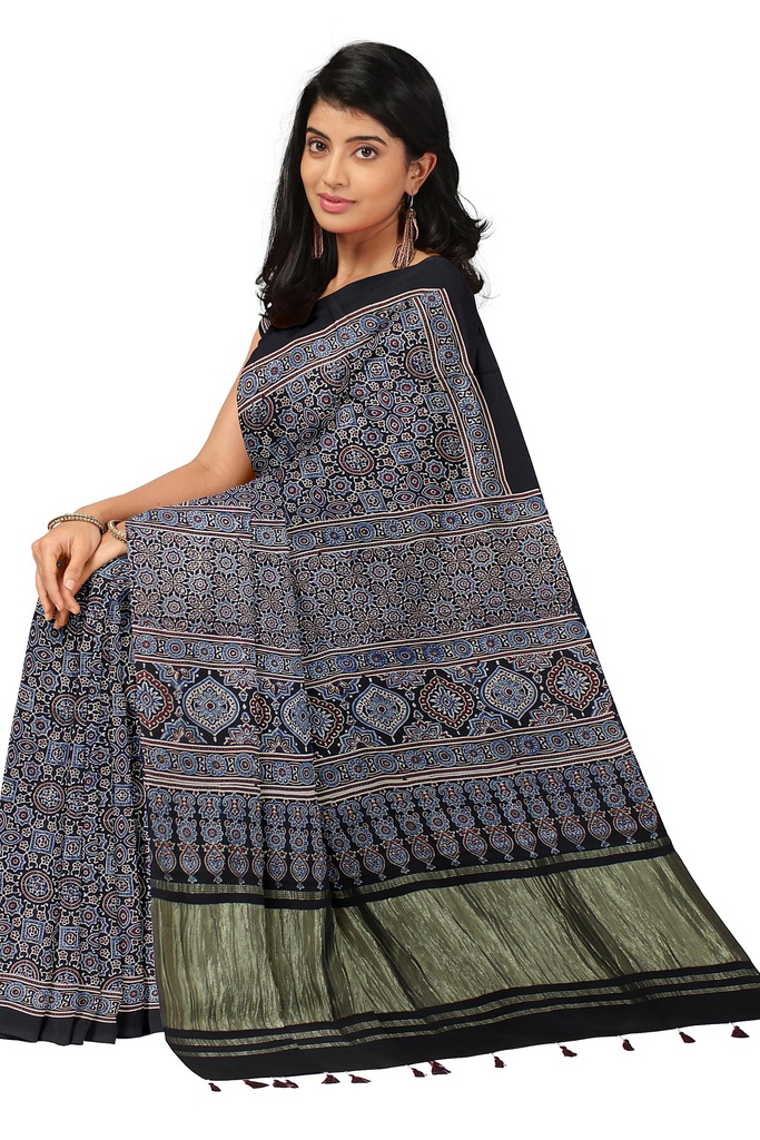 Handcrafted Ajrakh Block Print Modal Silk Saree