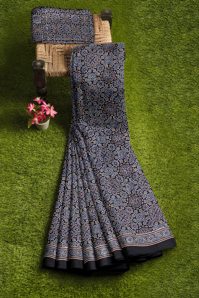Handcrafted Ajrakh Block Print Modal Silk Saree