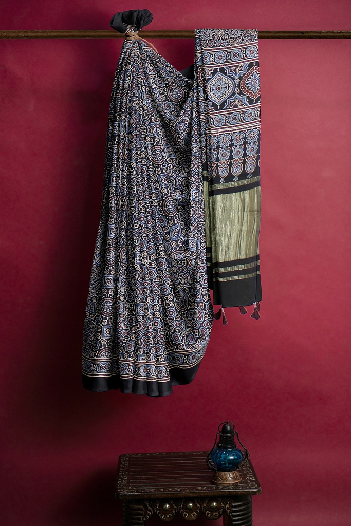 Handcrafted Ajrakh Block Print Modal Silk Saree