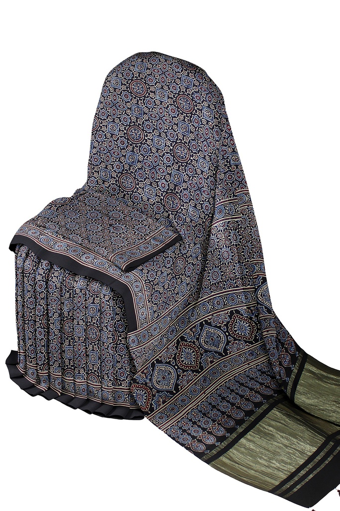 Handcrafted Ajrakh Block Print Modal Silk Saree